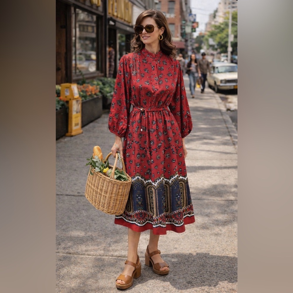 Vintage 1970’s - red boho, floral print dress- sleek poly stretch knit- sash